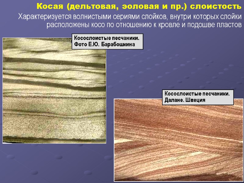 Косая (дельтовая, эоловая и пр.) слоистость Характеризуется волнистыми сериями слойков, внутри которых слойки расположены
